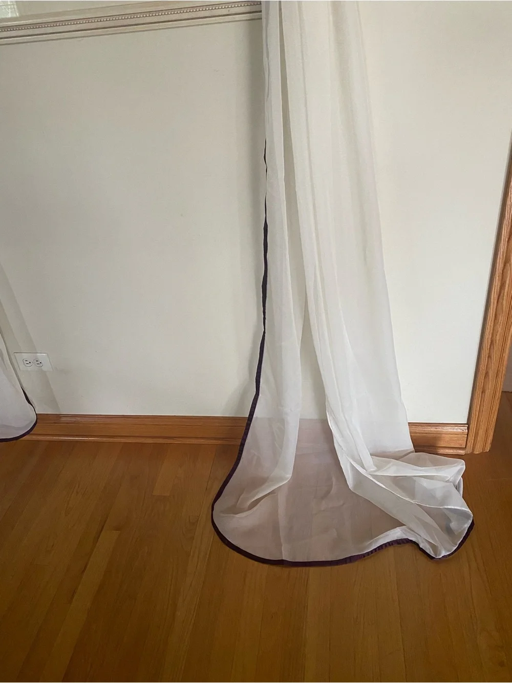 Sheer Window Scarf Valance Off White Eggplant Satin Edge 57x216 Curtain Panel